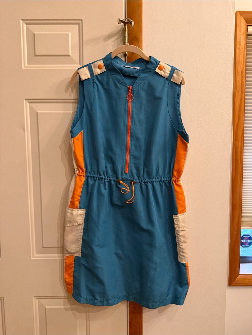 zinc Teal Dress with Orange Panels and Cream Trim